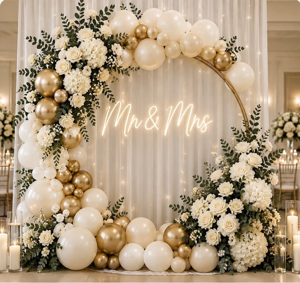 Floral and balloon wedding backdrop